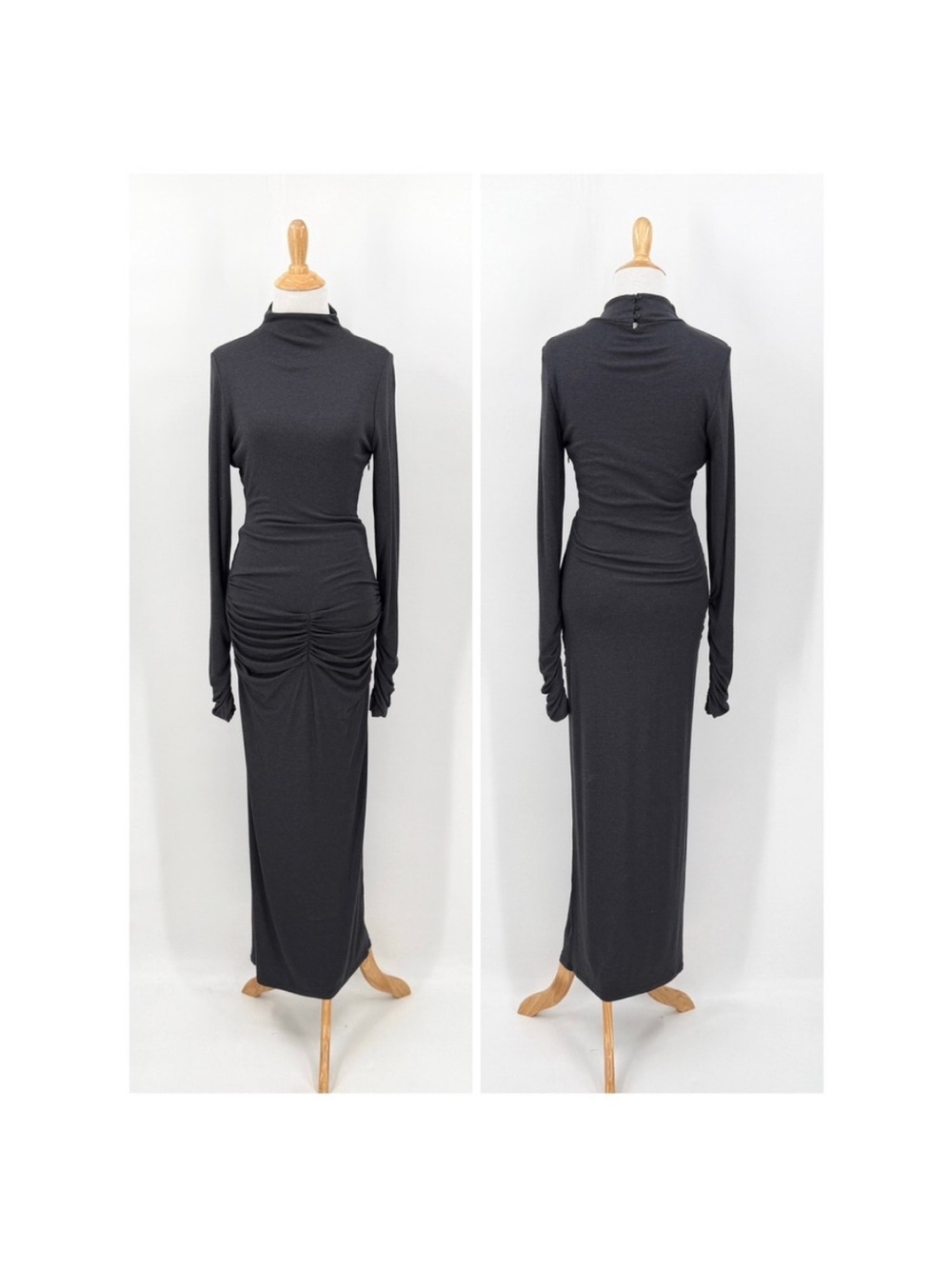 SER.O.YA Fina Tea Length Dress Large Charcoal Grey Ruched Mock Neck Long Sleeve - Picture 3 of 16